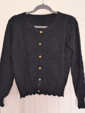 Women's Black Button-Front Sweater Cardigan with Gold Buttons